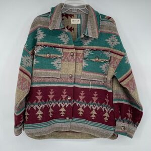 Newin Womens Aztec Southwestern Shacket Jacket Burgundy Teal Small